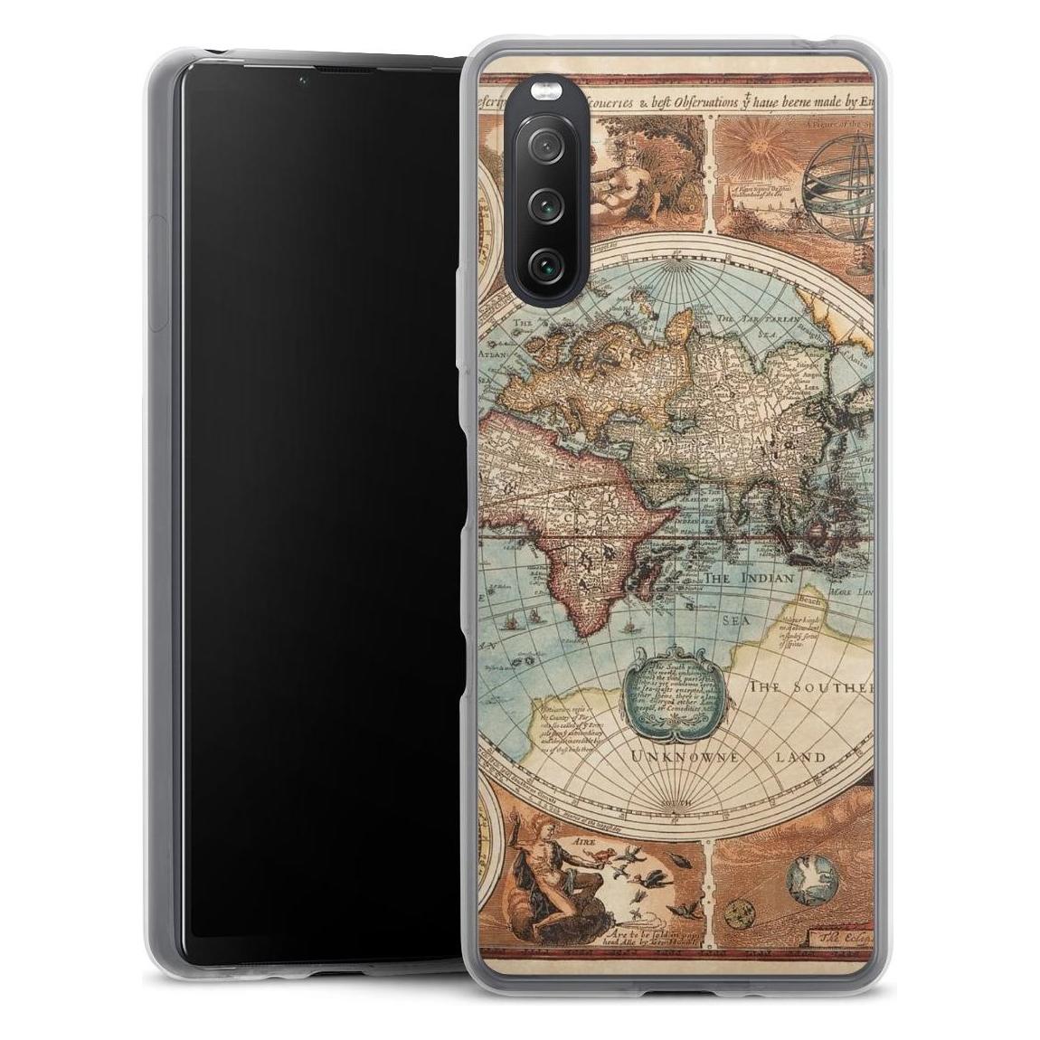 DeinDesign Slim Case Für Sony Xperia 10 Iii Silikon Hülle Ultra Dünn Handyhülle Landkarte Vintage Weltkarte (Sony Xperia 10 Iii), Smartphone