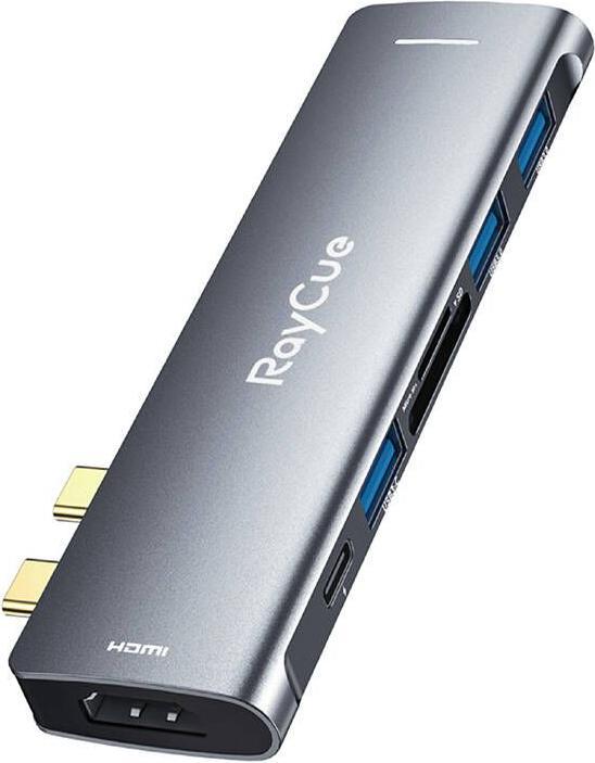 Actual product image RayCue Hub 7w2 2x USB-C do Thunderbolt 3 3x USB-A 3.0 5Gbps SD/TF 3.0 HDMI 4K60Hz (sary) (USB-C, 7 ports)