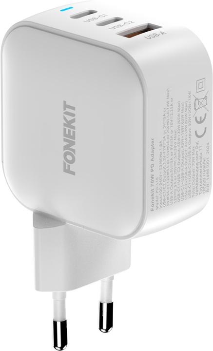 Image du produit FoneKit PD 70W Wall Charger, USB-C + USB-C + USB-A, white (70 W, 3 ports)