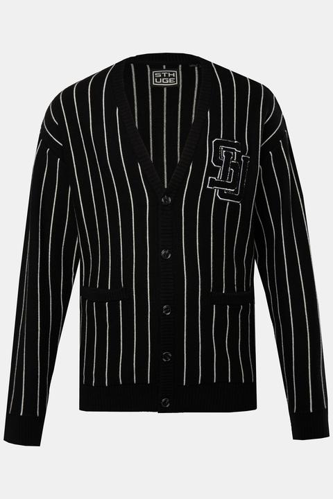 Sthuge Strickjacke, Nadelstreifen, V-Auschnitt, Badge