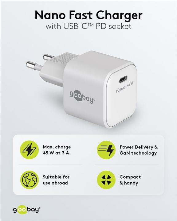 Actual product image Goobay USB C Nano Quick Charger with GaN technology (45 W)
