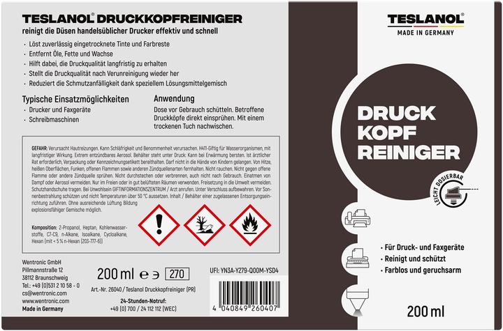Nährwerte und Zutaten Teslanol Druckkopfreiniger