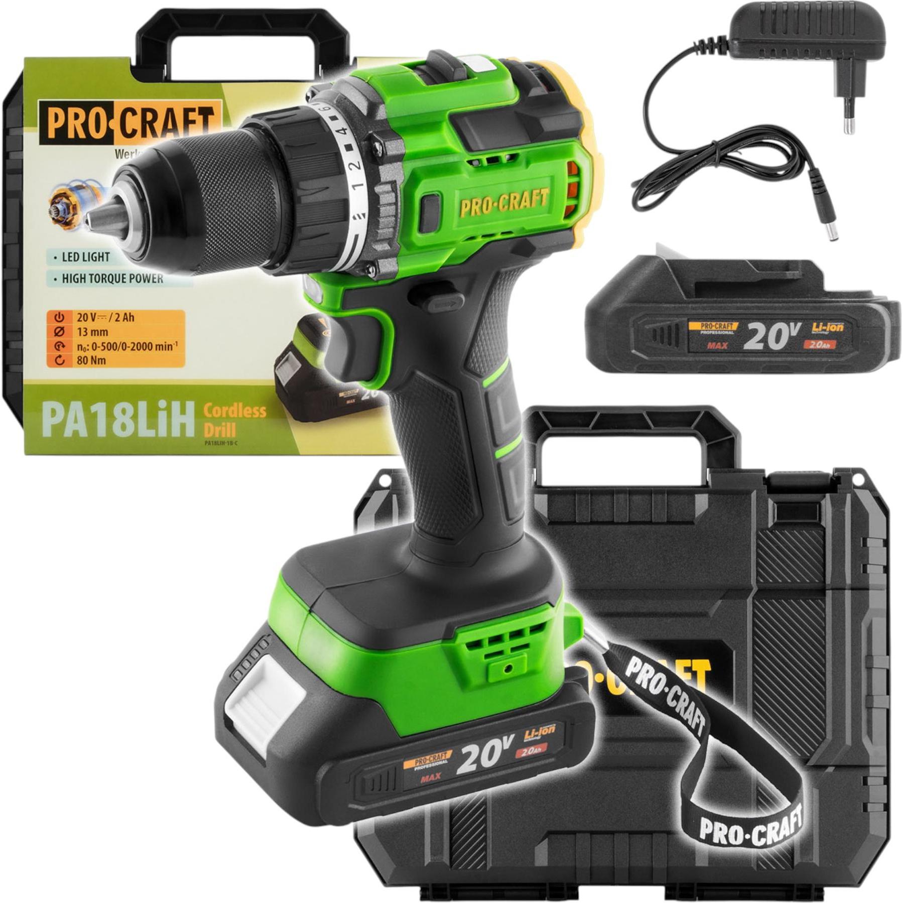Procraft, Trapano + Avvitatore a batteria, PA18LiH-1B-C Akku Bohrschrauber 20 V 80 Nm Brushless + 1x Akku 2,0 Ah + Ladegerät + Koffer