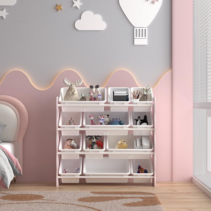 Produktbild En.Casa Kinderregal Vestnes mit 12 Aufbewahrungsboxen 78x86x27 cm Cotton Candy/Weiss (86 x 26.50 x 78 cm)