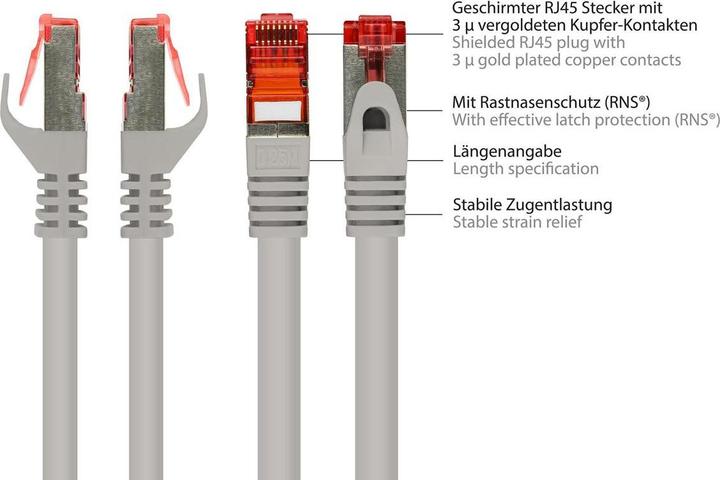 Produktbild Good Connections RNS® Patchkabel mit Rastnasenschutz, Cat. 6, S/FTP, PiMF, PVC, 250MHz, grau, 0,25m (S/FTP, CAT6, 0.25 m)