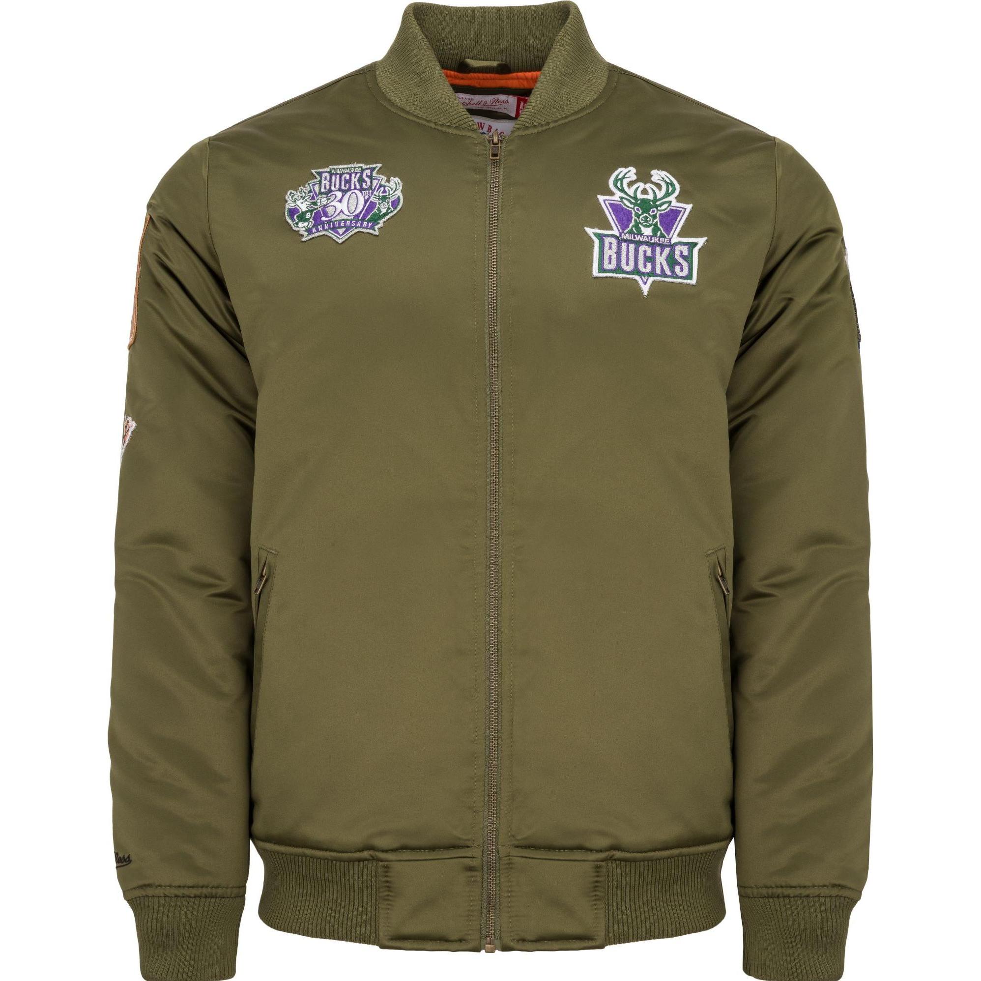 Mitchell & Ness, Herren, Jacke, M&N Satin Bomber Jacke - PATCHES Milwaukee Bucks - L (L), Grün, L