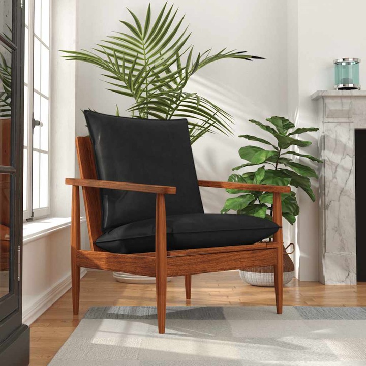 Productafbeelding VidaXL Fauteuil zwart echt leer en massief hout acacia, kleur