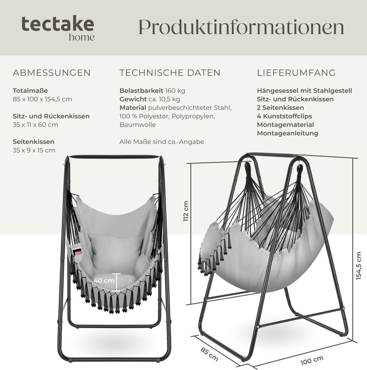 Produktbild tectake Hängesessel Alison, Boho-Style, Belastbarkeit 160kg (160 kg)