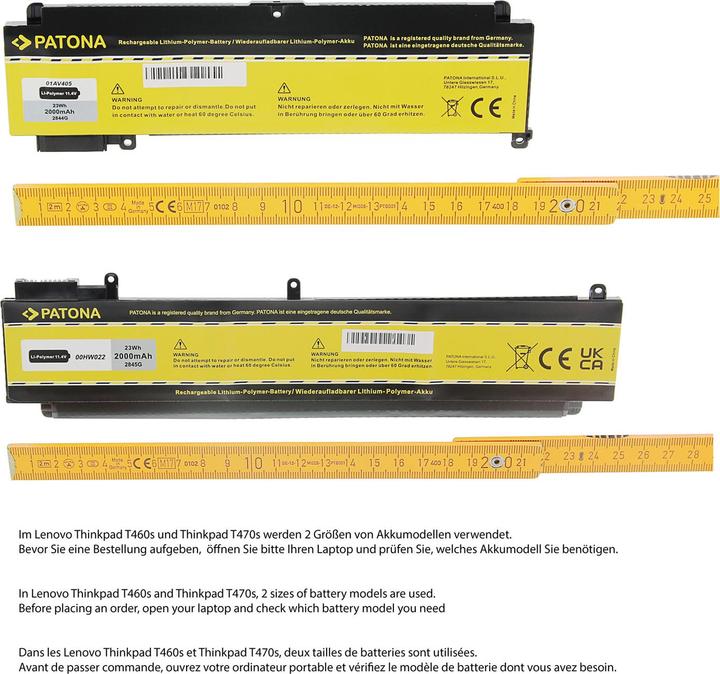Produktbild Patona Akku f. Lenovo ThinkPad T460s 20FA/20F9 Thinkpad T470s 20HF/20HG 20JS/20JT 00HW022 von (1 Zelle, 2000 mAh)