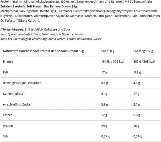 Valori nutrizionali e ingredienti Barebells Barretta proteica Soft Protein Banana Dream (55g) (Sogno di banana, 1 pz., 55 g)