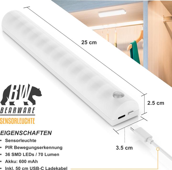 Produktbild Bearware Smarte LED-Leuchte Sensorlicht, Bewegungsmelder, Nachtlicht, Anbringung mit Magnetstreifen, 70 Lumen