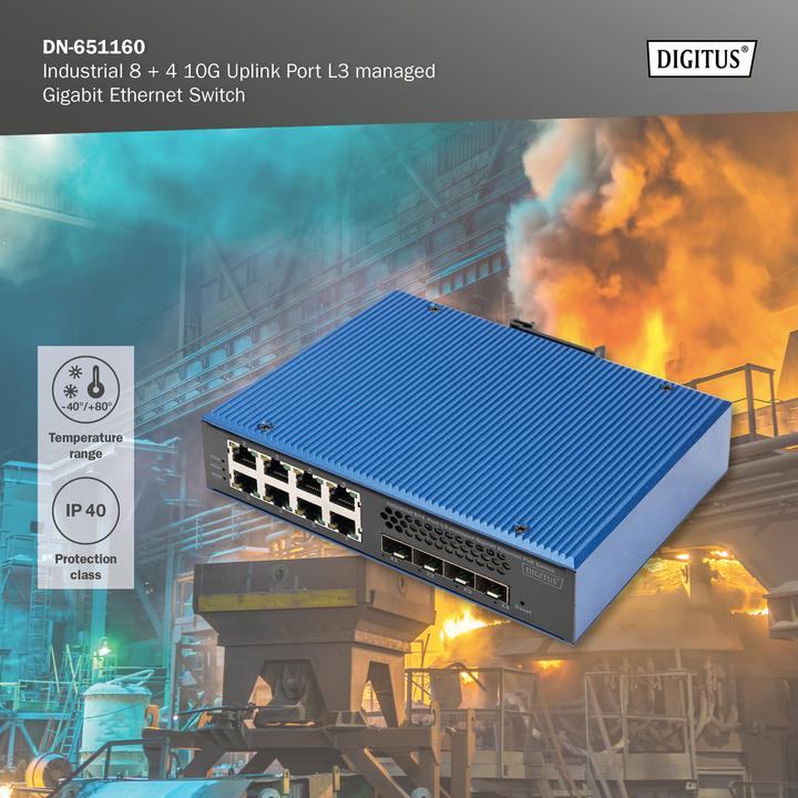 Productafbeelding Digitus Industriële 8 + 4 10G Uplink Poort L3 Beheerde Gigabit Ethernet Schakelaar (8 ports)
