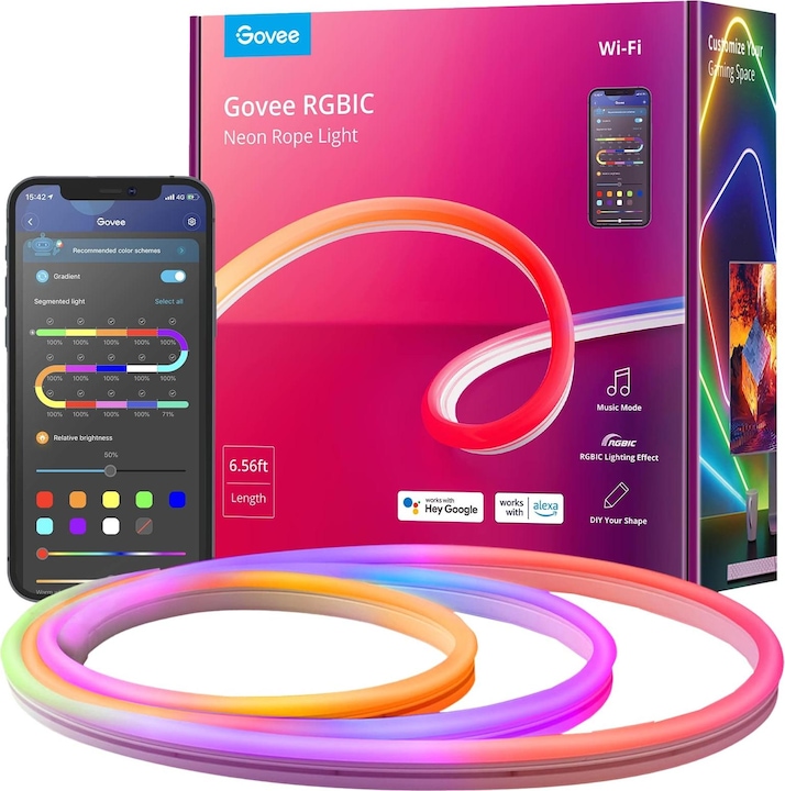 Govee RGBIC Neon Rope Light (RGBIC, 200 cm, Indoor)