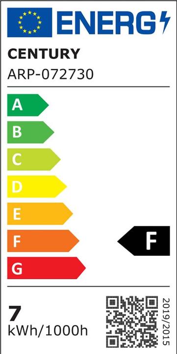 Energie-Label Century Aria Plus 50 W E27 A + warmweiss – LED-Lampe (warmweiss, silber, transparent, Weiss, A +, 50/60 (E27, 648 lm, 1 x)