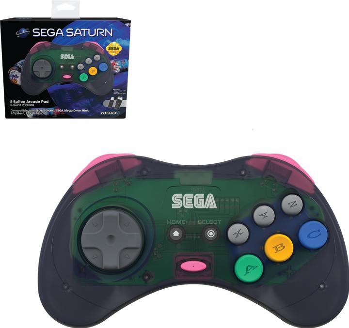 retro-bit Sega Saturn 8-button Arcade Pad -langaton peliohjain, Mega Drive, harmaa (Switch, Mac, PS3, PC)