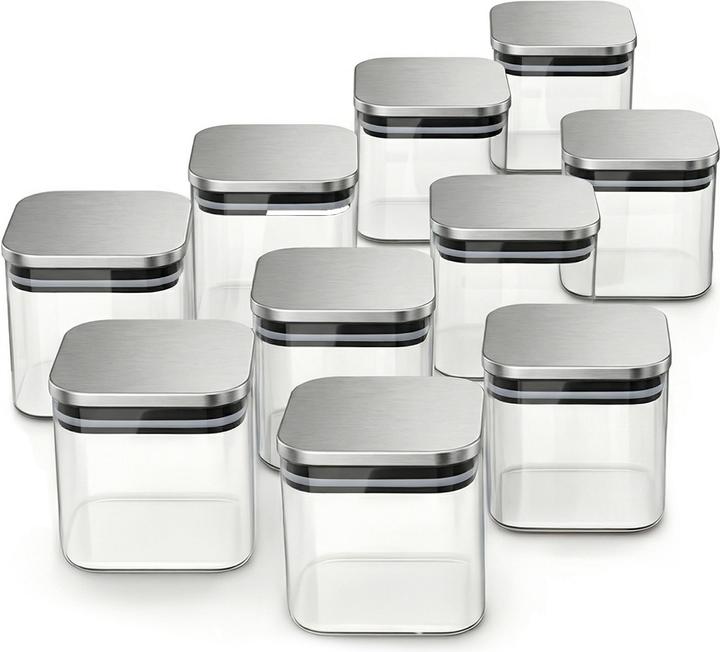 Produktbild Arendo Glasbehälter Set 10er 10×0,8 L Borosilikatglas, Edelstahldeckel mit Silikonring, mikrowellengeeignet (0.77 l)