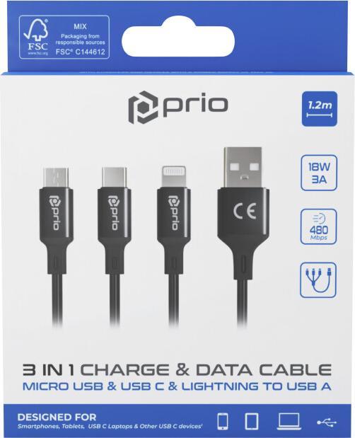 Actual product image prio 3in1 Micro USB & USB C & Lightning to USB A Cable 3A 1.2m black (1.20 m)
