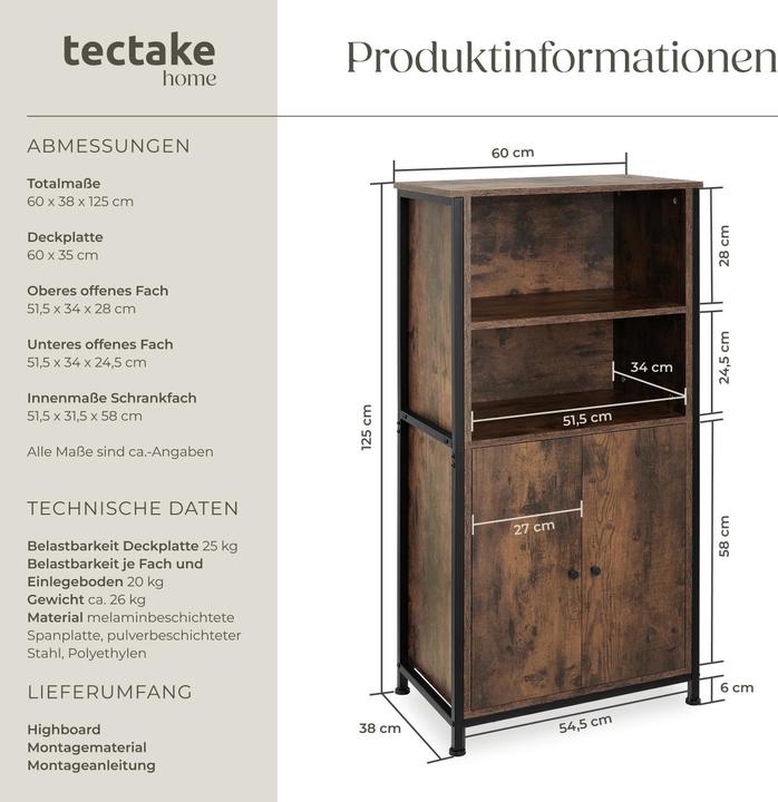 Image du produit tectake Buffet Doncaster 60x38x125cm (60 x 38 x 125 cm)