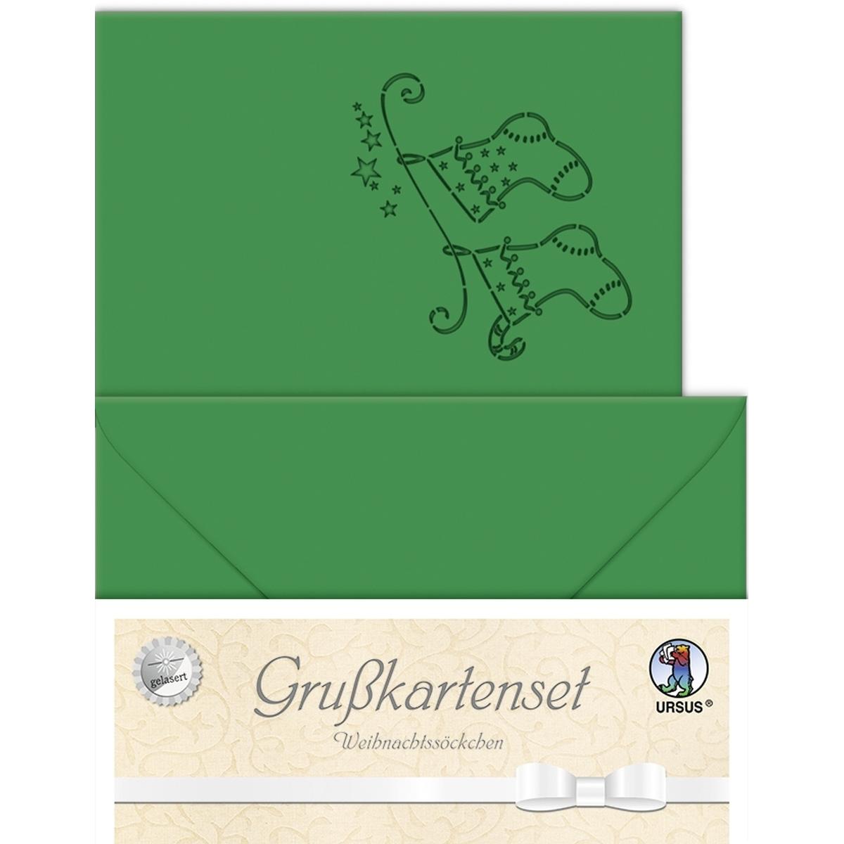 Thumbnail - Ursus, Grusskarte + Briefpapier, Doppelkarte A6 gelasert + Kuvert VE=5 Sets Weihnchtssöckchen tannengrün (1 Stk.)
