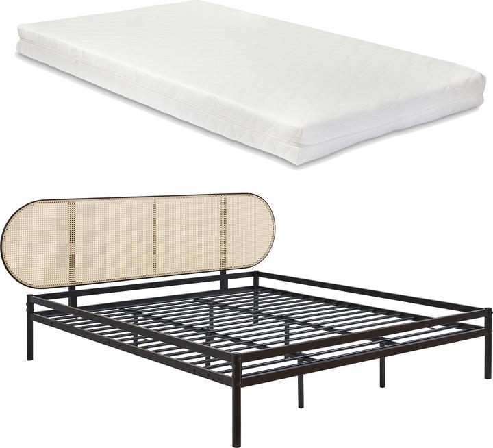 Actual product image En.Casa Metallbett Linköping mit ovalem Kopfteil und Matratze 180x200 cm Schwarz/Rattanoptik (200 x 200 cm)