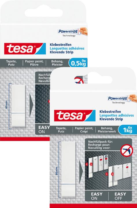 Image du produit tesa Powerstrips pour papier peint & plâtre, 1kg de maintien, 6x bandes adhésives double face