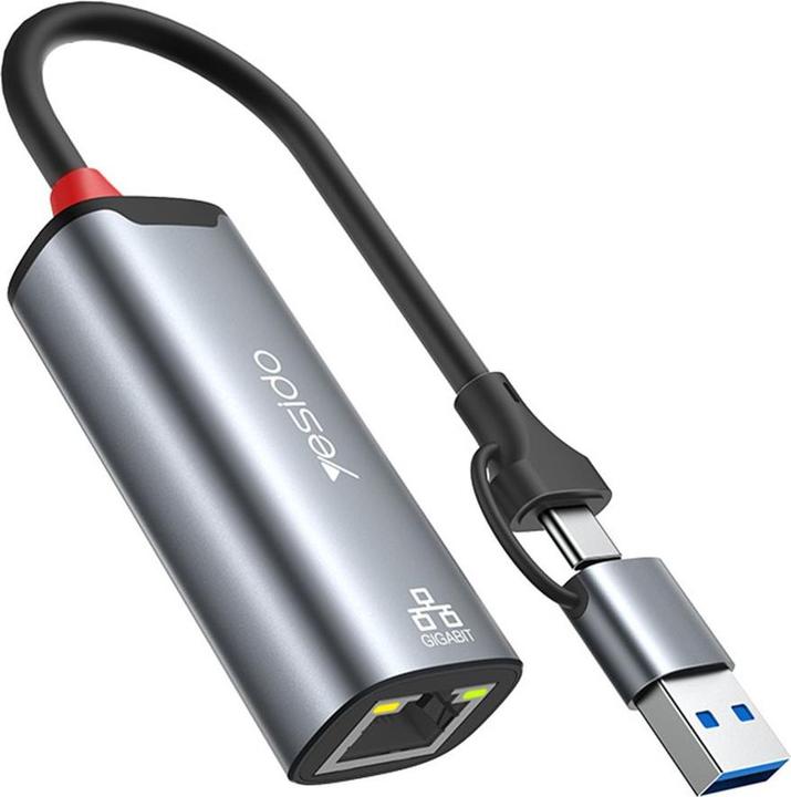 Produktbild Yesido - Ethernet Adapter (HB26) - USB, Type-C to RJ45, for Windows, MacOS, Linux, 1000Mbps - Gray (Type-B)