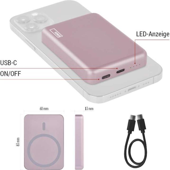 Actual product image Emos Powerbank WI 522, 5 000 mAh, 20 W+Wireless, lachs (5000 mAh, 20 W, 19.25 Wh)