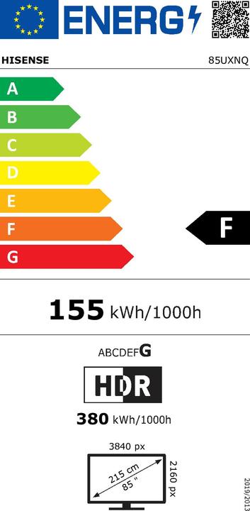 Label énergétique Hisense TV 85UXNQ (215 cm (85 pouces), noir, UltraHD/4K, triple tuner, AMD Free-Sync, dalle 120Hz) (85", LED, 4K, FR)