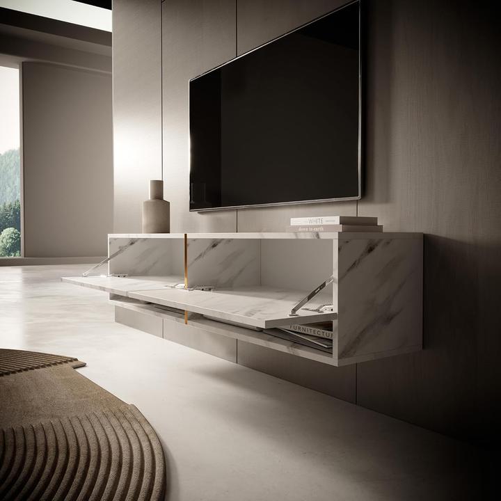 Actual product image Selsey Mirrgo Floating TV Console with Golden Accents and White Marble Finish (140 x 31.60 x 30 cm)
