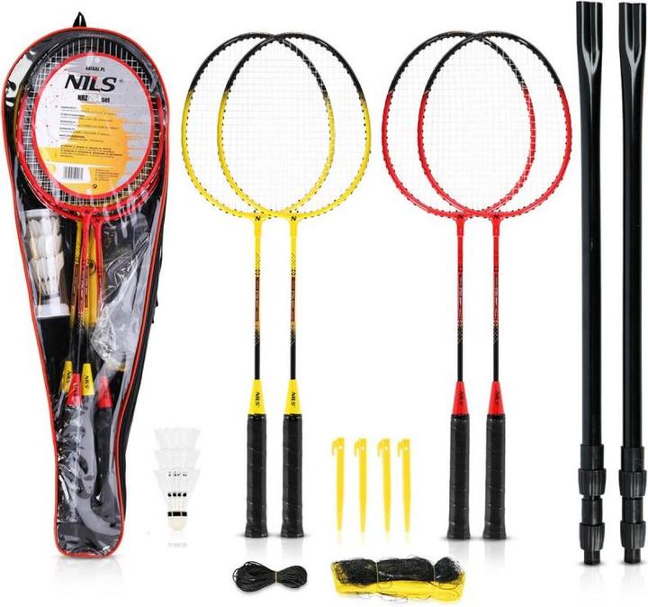 Nils NRZ264 ALUMINIUM badmintonset 4 rackets 3 veerpijlen 600x60cm netkoffer