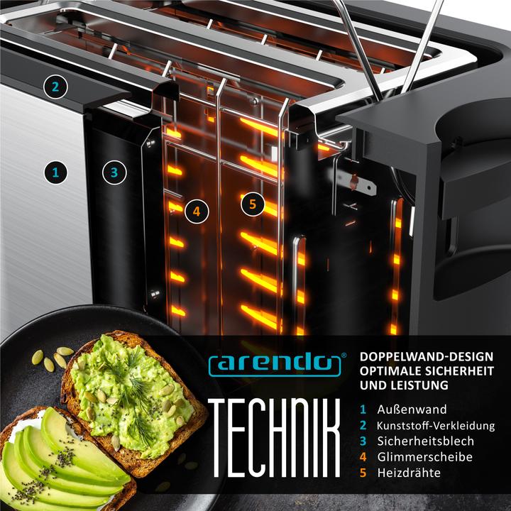 Produktbild Arendo Toaster Edelstahl 2 Scheiben Kurzschlitz, Display mit Restzeitanzeige, Doppelwand, Brötchenaufsatz