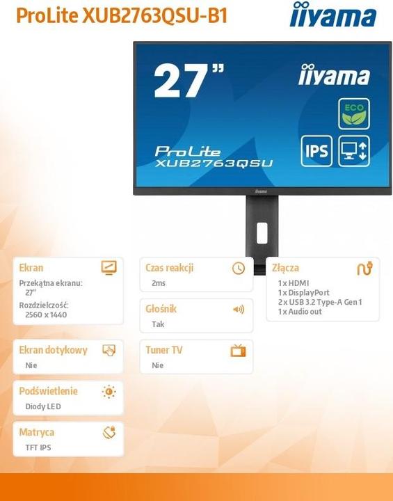 Actual product image iiyama ProLite XUB2763QSU-B1 (2560 x 1440 pixels, 27")