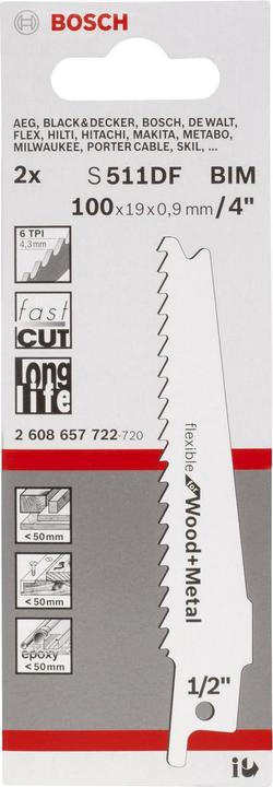Produktbild Bosch Professional Zubehör Säbelsägeblatt S 511 DF, Flexible for Wood and Metal, 2er-Pack
