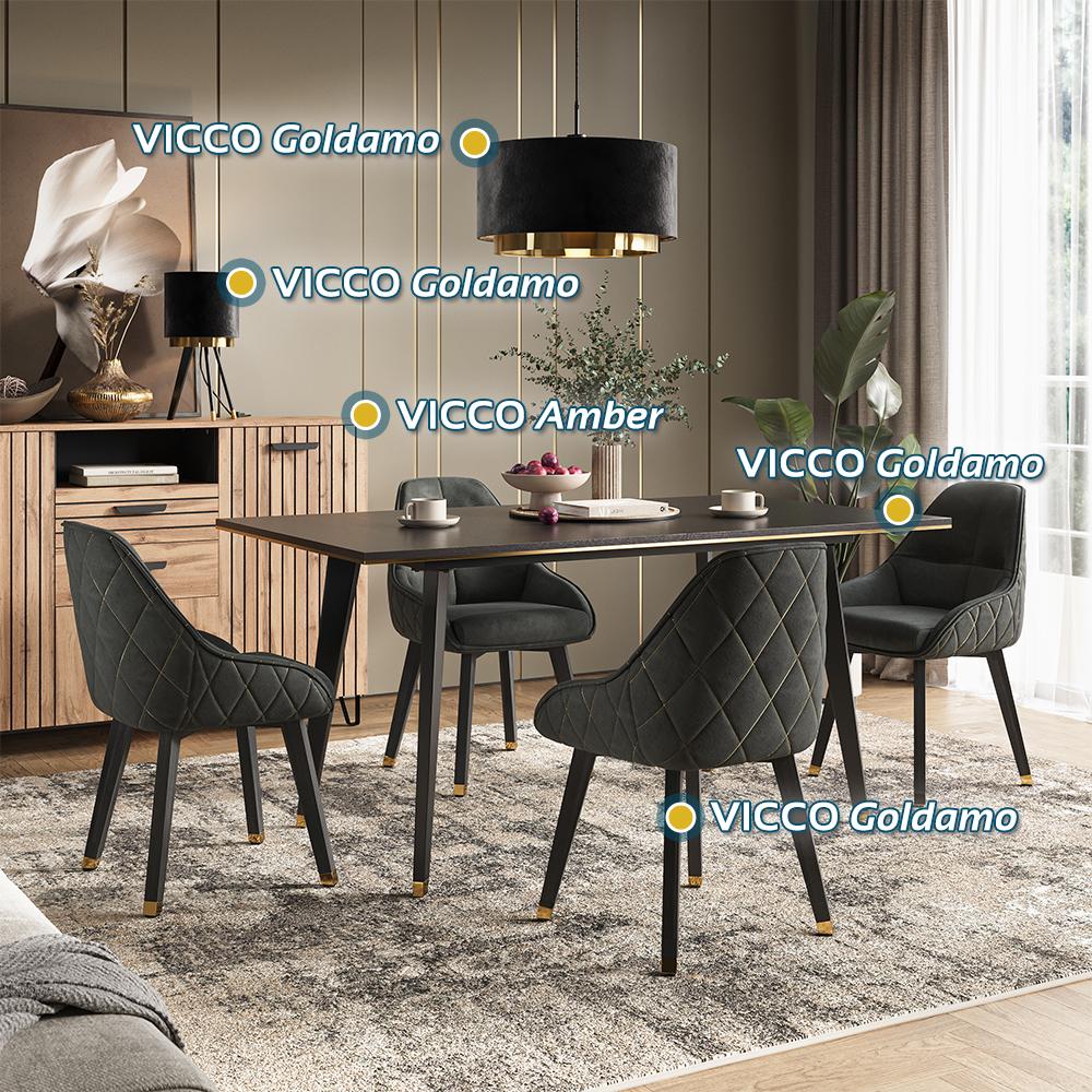 Thumbnail - Vichy, Esstisch, Esstisch Set Goldamo, Schwarz/Gold, 200 x 90 cm mit 4 Stühlen