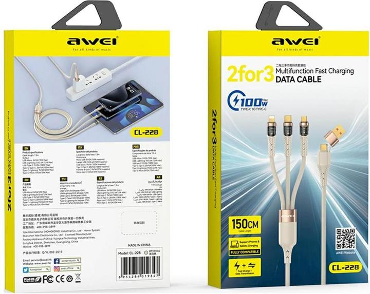 Actual product image Awei CL-228 usb-c/lightning/mico 3in2 cable black/black (1.50 m, USB 3.2 Gen 2, 100 W)