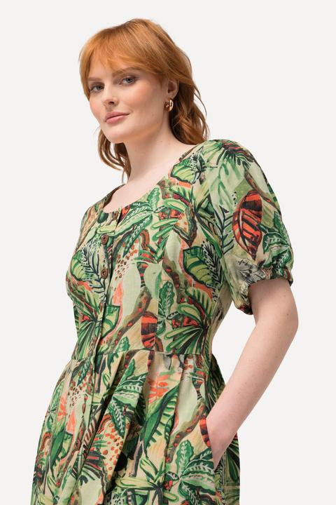 Actual product image Ulla Popken Leaf Floral Print Button Front Dress (58)