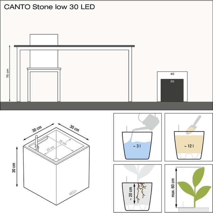 Produktbild Lechuza CANTO Stone 30 LED low (30 x 30 x 30 cm)