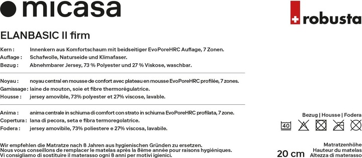 Valeurs nutritives et ingrédients Robusta Swiss Bedding ELANBASIC II firm (80 x 200 cm, Noyau de mousse)
