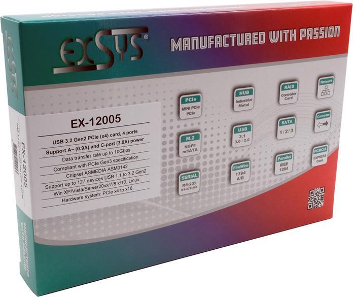 Actual product image Exsys GmbH 4 Port USB 3.2 Gen2 PCIe (x4) Card with 2x A and 2x C™ Connectors (Asmedia)