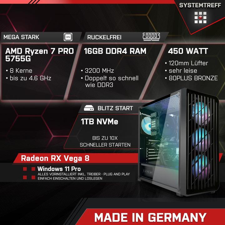 Produktbild SYSTEMTREFF Multimedia PC G244232 (1000 GB, 16 GB, AMD Ryzen 7 PRO 5755GE, Radeon RX Vega 8)