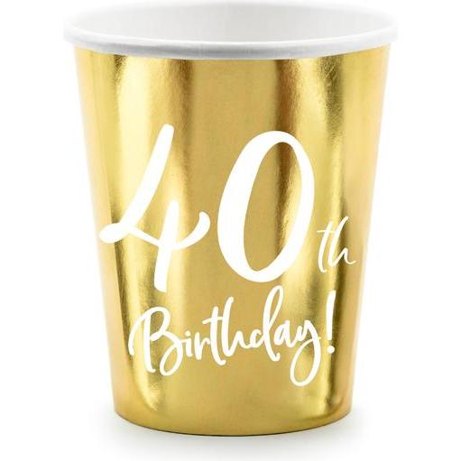 Partydeco, Einweggeschirr, Paper cups 40th Birthday, gold, 220ml (1 pkt / 6 pc.) (6 x)
