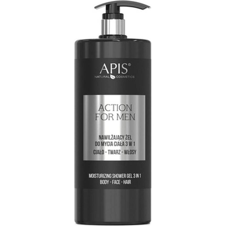 Apis Natural Cosmetics Uomo Gel Doccia, Action For Men 3In1 Nawilżający Żel Do Mycia Ciała Twarzy I Włosów 1000Ml (1000 Ml)