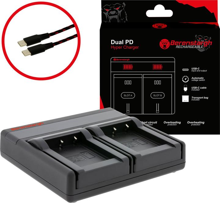 Actual product image Berenstargh Dual PD Hyper Ladegerät f. Ordro NP-170 Fuji NP85 USB-C in/out Powerbankfunktion (Camera battery charger)
