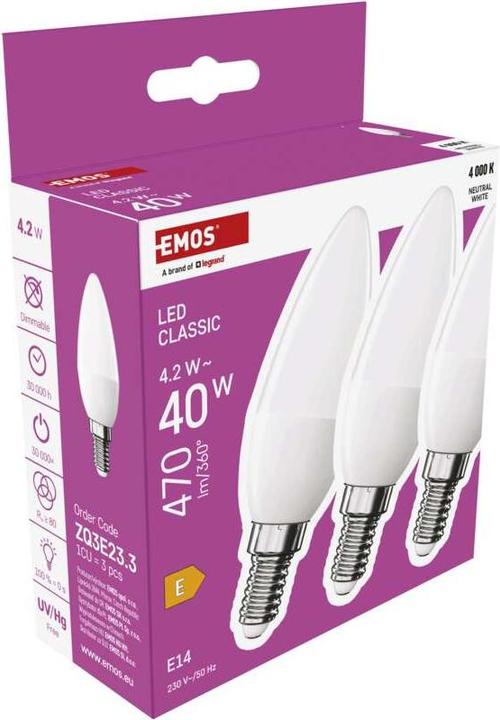 Image du produit Emos Lampe LED Classic Candle / E14 / 4,2 W (40 W) / 470 lm / Blanc neutre (E14, 470 lm, 3 x)