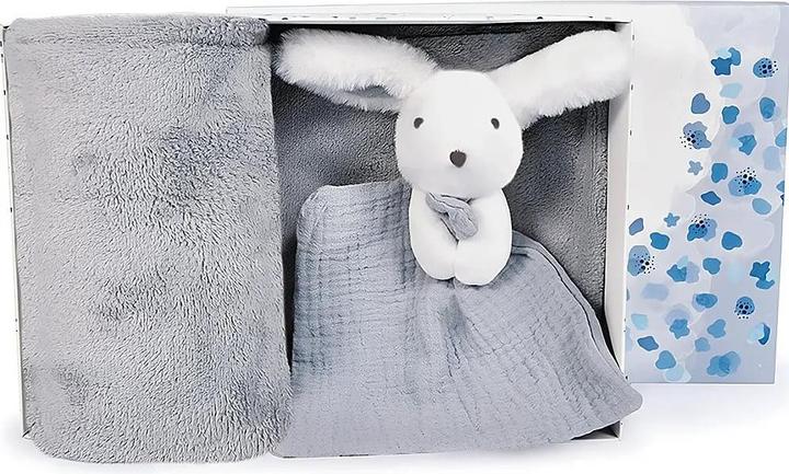 Productafbeelding Doudou et Compagnie Happy Glossy deken en knuffeldoekje,blauw/grijs(MQ2)**