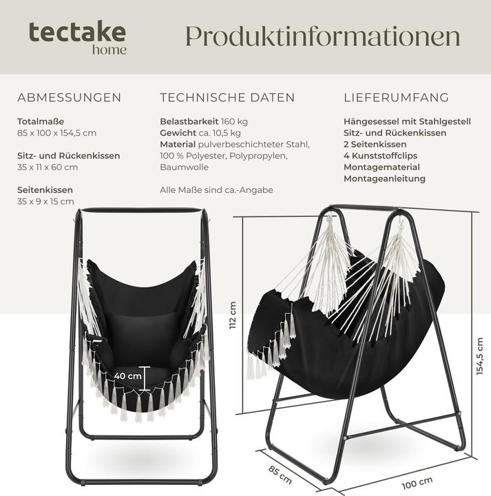 Actual product image tectake Hanging chair Alison, boho style, capacity 160kg (160 kg)