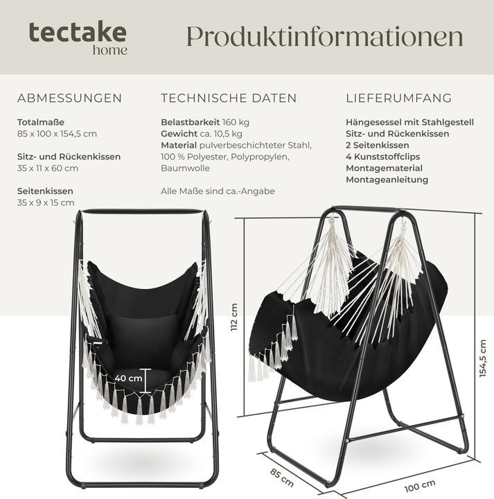 Produktbild tectake Hängesessel Alison, Boho-Style, Belastbarkeit 160kg (160 kg)
