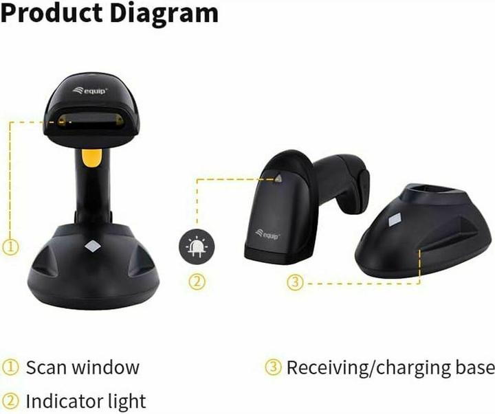 Actual product image equip Barcode handheld scanner 1D Laser Wireless USB black (1D barcodes)