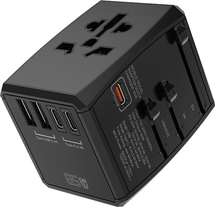 Actual product image Techsuit - Travel Adapter (HHT906) - PD65W, 2 x USB, 3 x Type-C, EU, UK, AUS, US - Black