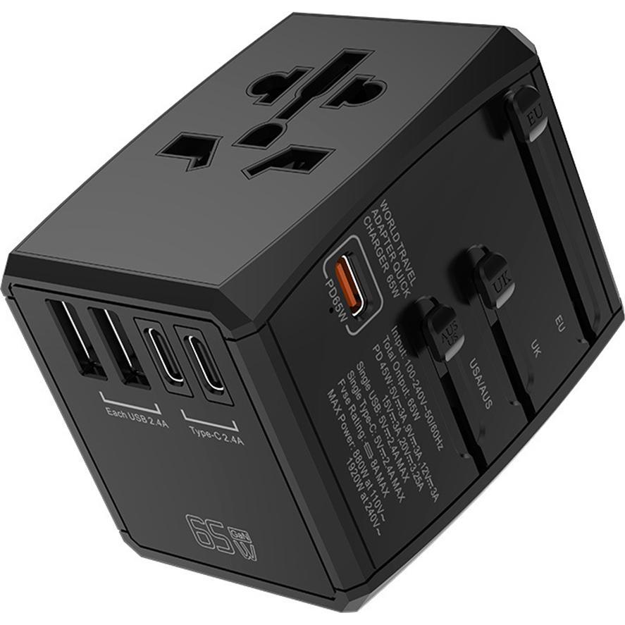 Techsuit, Adattatore da viaggio, - Travel Adapter (HHT906) - PD65W, 2 x USB, 3 x Type-C, EU, UK, AUS, US - Black